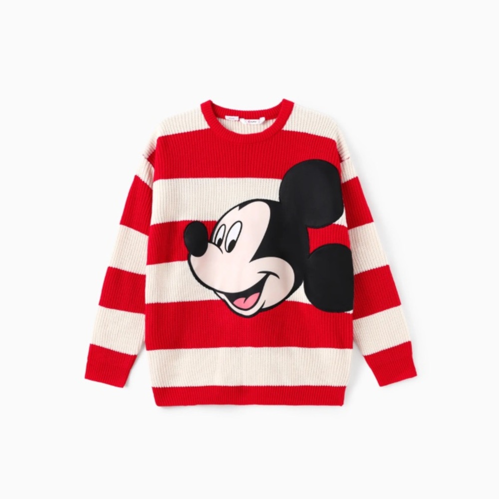 Men Disney Mickey Character Striped Long-sleeve Knitwear Sweater Red